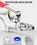 Four Piece Air Blow Gun Kit With Two Way Connection One Quarter Inch Quick Fitting And Rubber Tip, showing chrome plated nozzle.