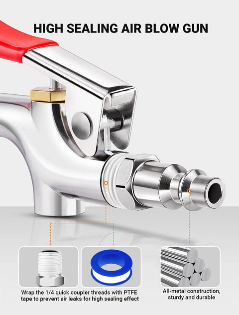 Four Piece Air Blow Gun Kit With Two Way Connection One Quarter Inch Quick Fitting And Rubber Tip, showing chrome plated nozzle.