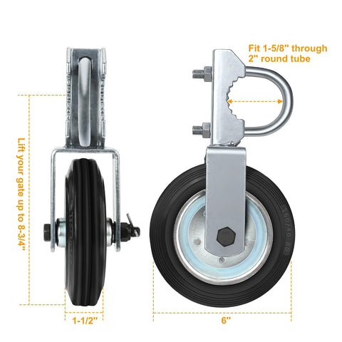 Gate Wheel For Metal Swing Gates With 1 5/8 To 2 Inch Frames Heavy Duty Gate Support Wheel showing wheel dimensions and pipe fit