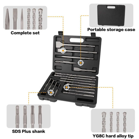 Gickbusus 17-pc SDS Plus rotary hammer drill bit and chisel set in a black carrying case; YG8C carbide tips for concrete.
