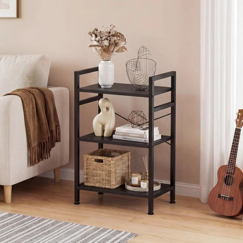 Dope Three Tier Industrial Bookcase With Metal Frame Black Finish displaying books and decor in living room setup