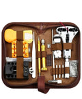 Open view of Pro Grade Watch Repair Tool Kit 149Pcs with link pin remover, shell opener, and spring bar tools in a brown case.