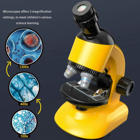 Kids Microscope Kit With LED 40X-1200X Magnification, Dope Science Toy For Home And Classroom, yellow microscope with slides