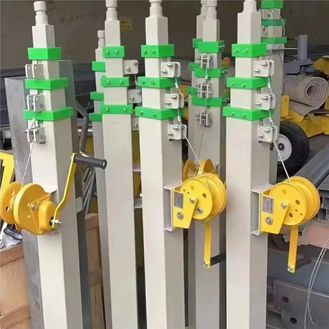 Heavy Duty Telescopic Aluminum Mast With Hand Winch Crank showing multiple masts with yellow winches and green fittings.