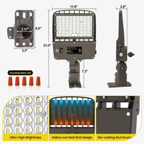 Switchable 200W 220W 240W LED Parking Lot Light with arm mount, thermal design, and ultra-high brightness features.