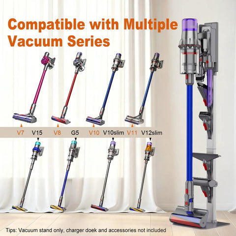 Dyson Vacuum Stand With Foldable Storage Hooks Heavy Duty Carbon Steel Base No Drill Wall Mount Space Saving Organizer For All Dyson Cordless Vacuums And Accessories.