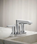 Two-Handle Hint Centerset Bathroom Sink Faucet in Polished Chrome, 1.2 GPM Flow, installed on marble countertop