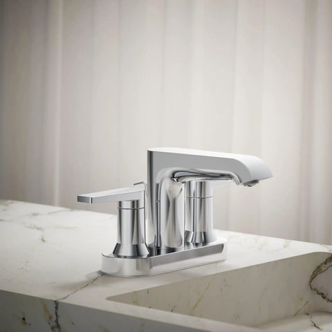 Two-Handle Hint Centerset Bathroom Sink Faucet in Polished Chrome, 1.2 GPM Flow, installed on marble countertop