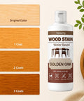 Water Based Wood Stain For Furniture Refinishing Non Toxic Low Odor Formula in golden oak, 250 ml bottle with color samples.