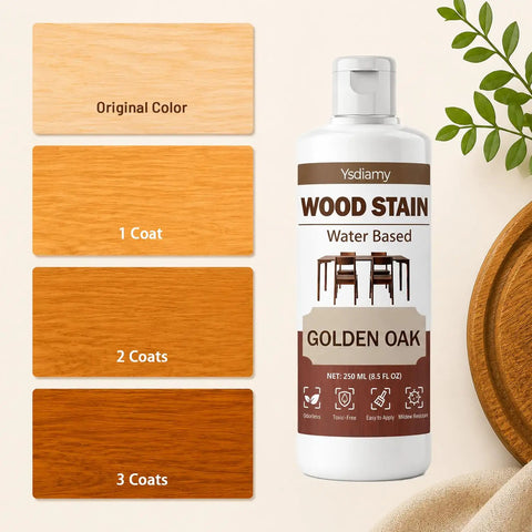 Water Based Wood Stain For Furniture Refinishing Non Toxic Low Odor Formula in golden oak, 250 ml bottle with color samples.