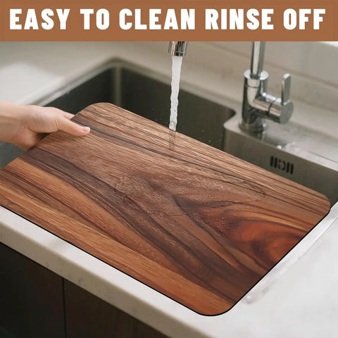 Natural Brown Rustic Wood Grain Dish Drying Mats Two Pack Absorbent Non Slip Kitchen Counter Mats for Coffee Machines being rinsed