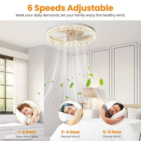Dope 20 Inch Remote Flush Mount Bladeless Ceiling Fan With Dimmable Lights For Living Room, showing adjustable speeds.