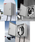 Badass Wall Mount EV Charger Cover And Outdoor Lock Box With Hardened Steel Shell Weatherproof Rain Snow Guard For Electric Vehicle Plugs Featuring Secure Combo Mechanism And Tough As Nails Shield, open view showing charger inside.