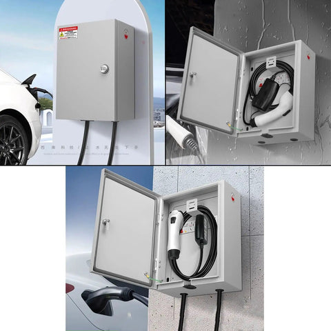 Badass Wall Mount EV Charger Cover And Outdoor Lock Box With Hardened Steel Shell Weatherproof Rain Snow Guard For Electric Vehicle Plugs Featuring Secure Combo Mechanism And Tough As Nails Shield, open view showing charger inside.