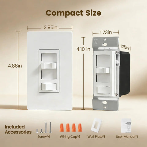 Dimensions of Real Smooth Flicker Free Dimmer Switch For Leds And Cfl Bulbs Handles Zero Buzz Dimming At Every Level with accessories.