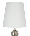 Transitional 3 Piece Table And Floor Lamp Set With Glass Font Detail, white linen drum shade, brushed nickel finish close-up