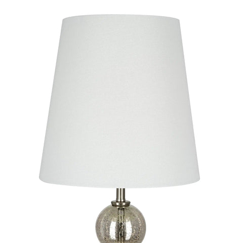 Transitional 3 Piece Table And Floor Lamp Set With Glass Font Detail, white linen drum shade, brushed nickel finish close-up