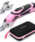 Pink Power Electric Fabric Scissors Box Cutter For Crafts Sewing Cardboard Carpet Scrapbooking Heavy Duty Professional Cordless Cutting Tool With Lithium Battery Charging Station And Storage Case Best Snip in pink and silver with storage case.