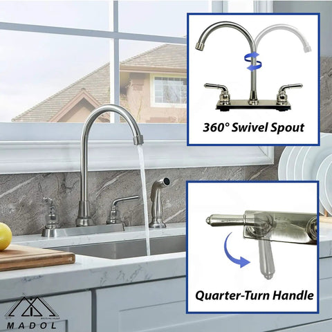 8 Inch Center Set Kitchen Faucet With Tall High Rise Spout Chrome POM Body And Stainless Steel Finish Two Handle Design ADA Compliant