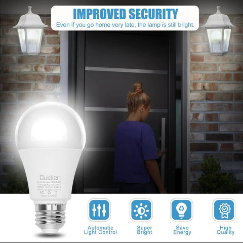 No-Fuss Dusk To Dawn Outdoor LED Bulbs 12W 6000K Cool White with Photocell Sensor beside door and light fixtures at night