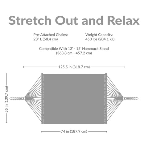 Diagram of Quilted Double Outdoor Hammock With Spreader Bars 74x55 Inch Bed 450 Lb Capacity Quick Dry UV Resistant Chains