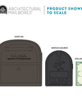 Comparison of Oasis 360 Locking Parcel Mailbox with Medium Mailbox and Dollar Bill shown for scale.