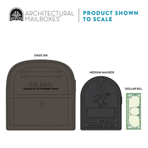 Comparison of Oasis 360 Locking Parcel Mailbox with Medium Mailbox and Dollar Bill shown for scale.