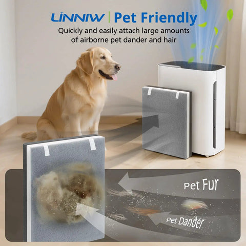 Vital 100 Replacement Filter Set 2 Pack For Air Purifier with pet hair and dander filtration, shown next to air purifier and dog