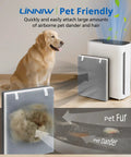 Three Pack Vital 100 Replacement Filters For Levoit Vital 100 Air Purifier showing pet dander removal with dog in home setting.