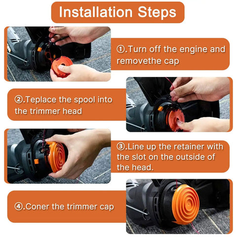 Installation steps for installing Trimmer Spools For Worx Weed Eater WG116 WG119 WG183 Two Spool Pack With 16 Feet Each Of 0.065 Inch Auto Feed Replacement String Heavy Duty Spools For Worx String Trimmers Includes 50019417 Cap Covers