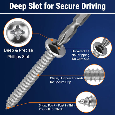 Hella Tough 304 Stainless Steel Phillips Pan Head Wood Screws 12 X 1 Inch showing deep slot for secure driving with uniform threads.