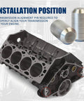 Two Piece Bellhousing Alignment Dowel Pins Set For LS LT Small Block And Big Block V8 Engines To Transmission Replacement Fits 4.3L 4.8L 5.3L 6.0L 6.2L LS1 LS3 And More, shown next to engine block, illustrating installation position.