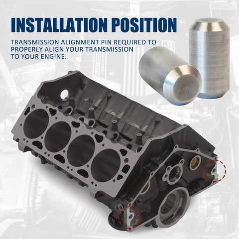 Two Piece Bellhousing Alignment Dowel Pins Set For LS LT Small Block And Big Block V8 Engines To Transmission Replacement Fits 4.3L 4.8L 5.3L 6.0L 6.2L LS1 LS3 And More, shown next to engine block, illustrating installation position.