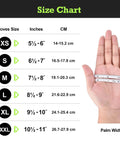 Glove size chart showing XS–XXL sizes with inch and centimeter measurements; hand holding a measuring tape.