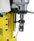 Close-up of Straight Up Heavy Hitting Magnetic Drill Press showing the MT2 taper and coolant system for efficient drilling.