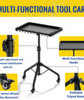 Portable Rolling Tool Cart With Adjustable Height, Magnetic Strip And Hooks, shown as a folding work table on wheels.