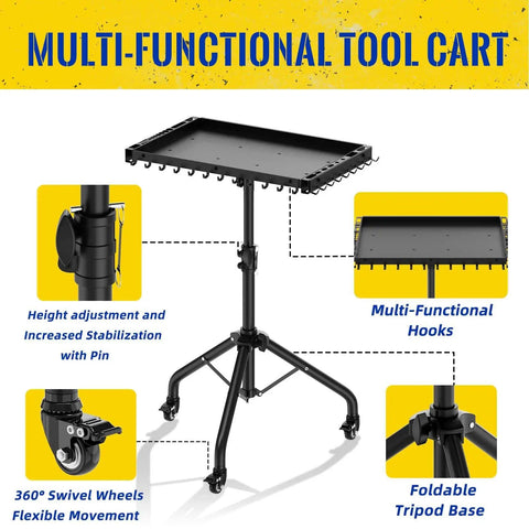 Portable Rolling Tool Cart With Adjustable Height, Magnetic Strip And Hooks, shown as a folding work table on wheels.