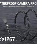 Dual Lens Endoscope With Light For Auto And Home Inspections, Borescope Camera With Flexible Cable, Handy Internal View For Cylinders, Pipes, And Wall Voids. Waterproof IP67 probe with lit flexible cable on wet surface.