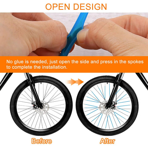 Hands showing installation of 72 Pack Universal Spoke Skin Wraps 0.2in Plastic Covers on bike rims, before and after view included.
