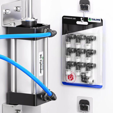 Image of Push To Connect Male Elbow Pneumatic Fittings 3/8 Inch Tube OD To 1/4 Inch NPT Thread, pack of 10 mounted on a wall display.