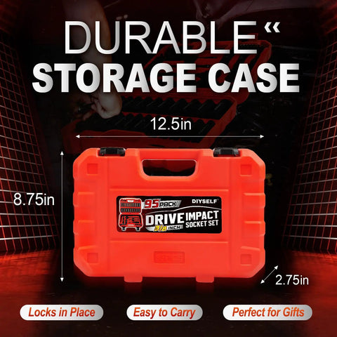 Three Eighths Inch Drive Socket Set For Any Garage Pro 95 Pieces Impact Kit with Cr V Steel in red durable storage case
