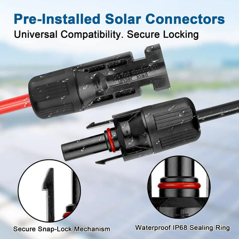 Tough 10AWG Solar Extension Cable 3Ft Red And Black PV Wire with waterproof connectors and snap-lock mechanism for RV systems.