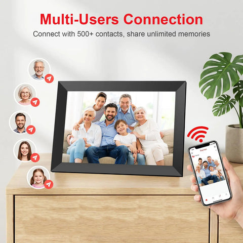 10.1 Inch WiFi Digital Photo Frame With 1280x800 HD IPS Touch Screen on a shelf, showing a family photo shared via wireless app