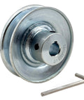 Half Inch Bore Three Inch Outer Diameter Single Groove V Belt Pulley For A 4L 3L Belts Beefy Carbon Steel Motor Pulley Zinc Plated With One Eighth By Sixteenth Inch Keyseat Two Screws And Included Wrench.