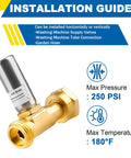 Heavy Duty Water Hammer Arrestor Set For Washing Machine And Plumbing 3/4 Inch FHT X 3/4 Inch MHT Stainless Steel And Brass Body With Swivel Hose Fittings Metal Pipe Connectors Pack Of 2, angled view with installation guide
