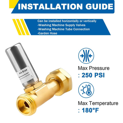 Heavy Duty Water Hammer Arrestor Set For Washing Machine And Plumbing 3/4 Inch FHT X 3/4 Inch MHT Stainless Steel And Brass Body With Swivel Hose Fittings Metal Pipe Connectors Pack Of 2, angled view with installation guide