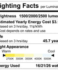 Lighting facts label for Sleek 5 Inch LED Recessed Lights Canless Mini Panel Downlights, showcasing brightness and energy costs.