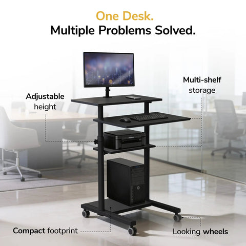 Black Rolling Standing Desk With Adjustable Height Up To 54.7 Inches, Portable Laptop Podium On Wheels in office setting