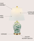 22 Inch White And Green Ceramic Table Lamp With White Linen Shade, French Country Chinoiserie Ginger Jar Bedside Lamp For Living Room And Bedroom, LED Bulbs Included, ETL Listed