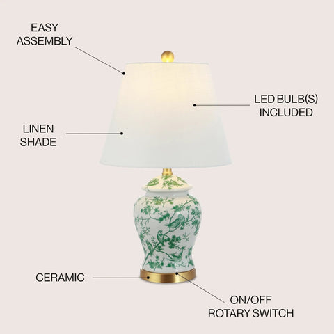 22 Inch White And Green Ceramic Table Lamp With White Linen Shade, French Country Chinoiserie Ginger Jar Bedside Lamp For Living Room And Bedroom, LED Bulbs Included, ETL Listed
